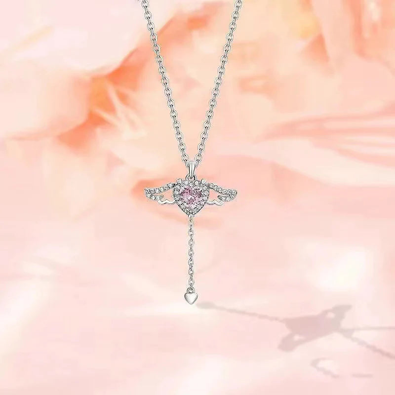 Crystal Zircon Heart Angel Wing Necklace