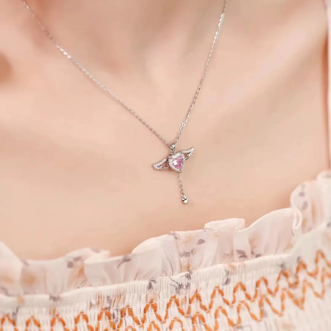 Crystal Zircon Heart Angel Wing Necklace