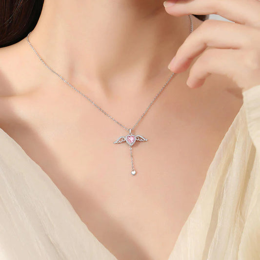 Crystal Zircon Heart Angel Wing Necklace